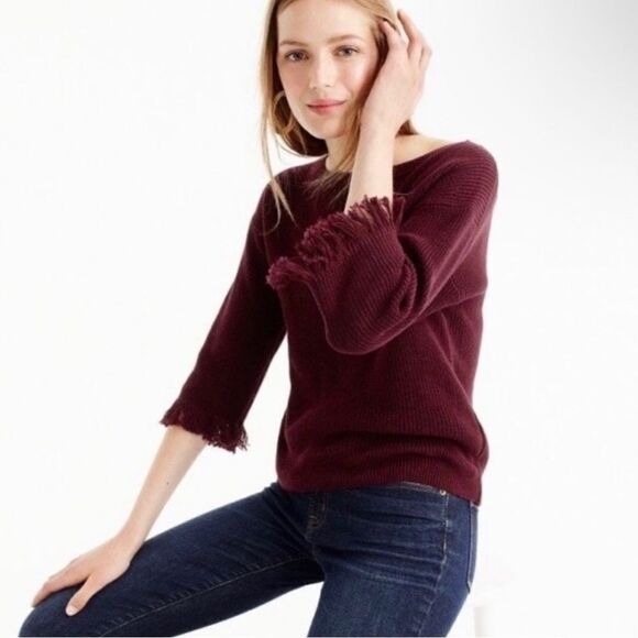 J CREW Burgundy red Fringe Sleeve Knit Sweater 100% cotton crew neck M - Picture 1 of 9